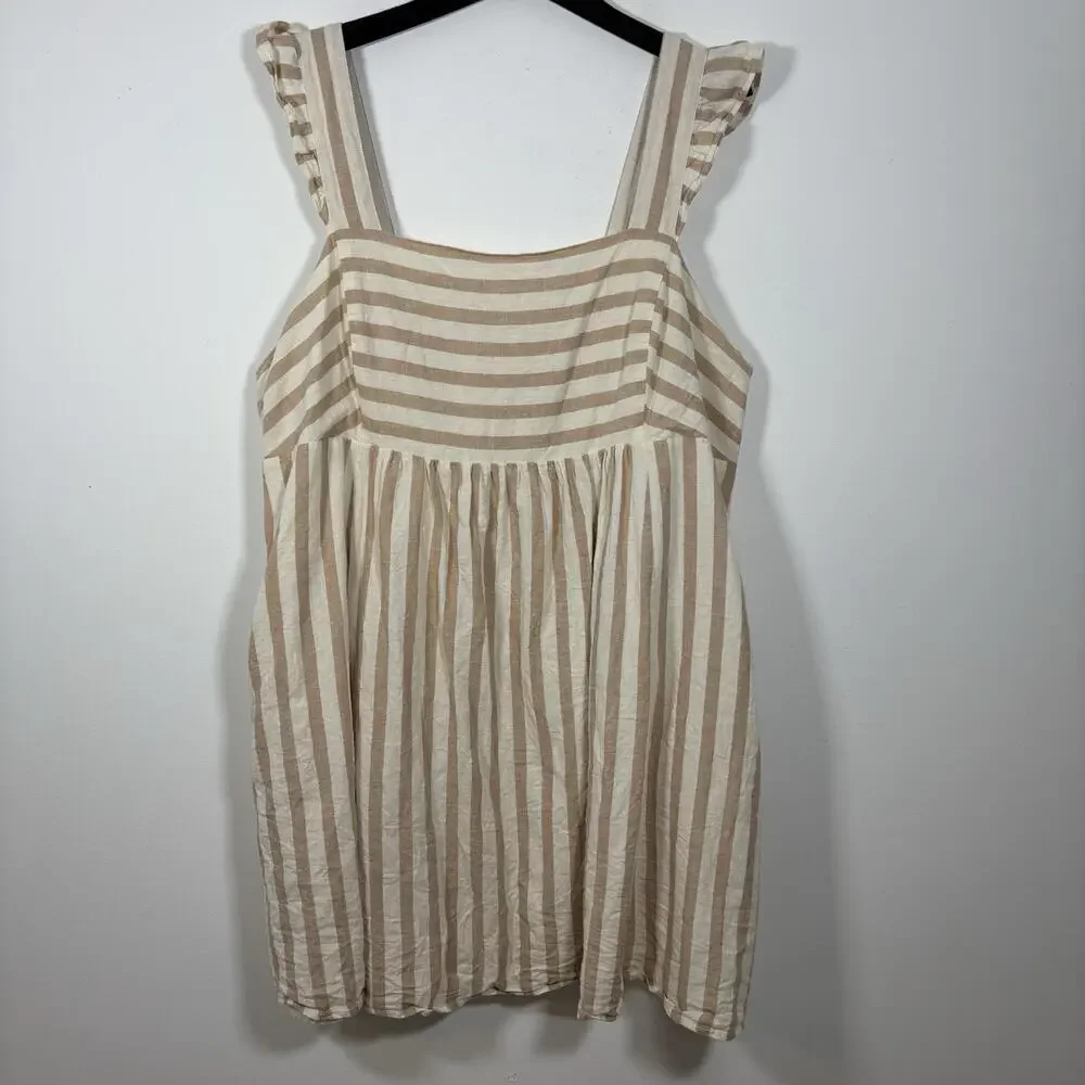 Draper James Smocked Striped Tan White Linen 3X Mini Dress Peasant Milk Maid - Picture 8 of 9